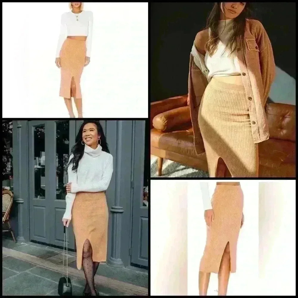 Free People Skyline Midi Ribbed Front Slit Pull On Beige Trendy Skirt Size XS